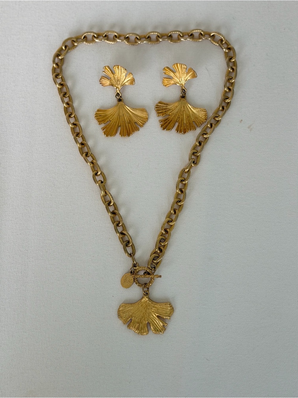 Gold Ginkgo Leaf Pendant Necklace with Matching Drop Earrings